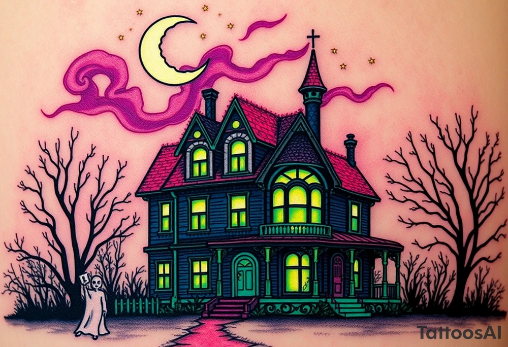Tim Burton’s haunted victorian home is abandoned and dripping with muted reds, dusty pinks, and eerie green glow.purple and cyan smokey clouds swirl in the crescent moonlit sky thats sprinkled with stars tattoo idea tattoo idea