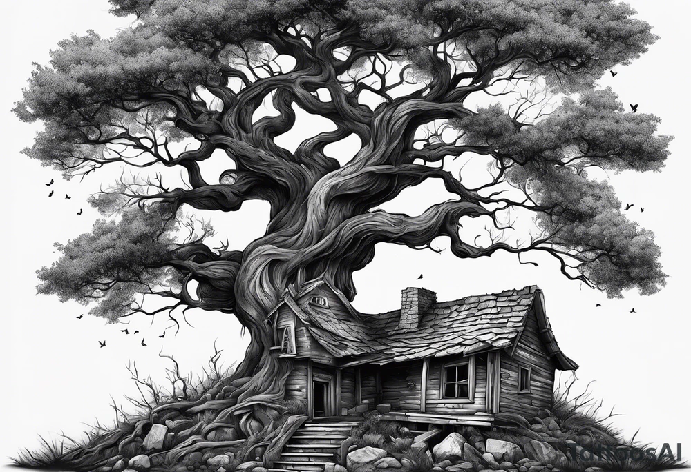 the tree of life growing out of a broken house with baby jesus laying at its doorstep tattoo idea