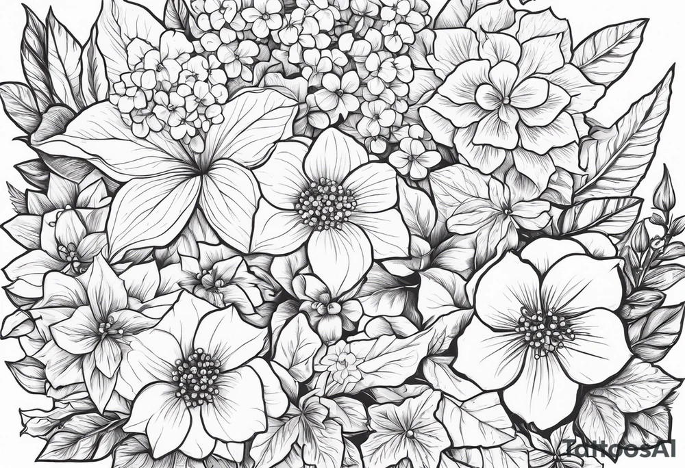 Hydrangea, Narcissus, Poinsettia, Holly, Gladiolus, Poppy, Daisy, Sweet Pea floral bouquet tattoo idea