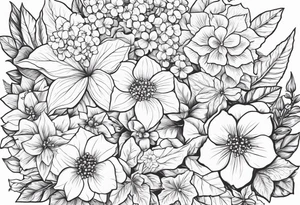 Hydrangea, Narcissus, Poinsettia, Holly, Gladiolus, Poppy, Daisy, Sweet Pea floral bouquet tattoo idea