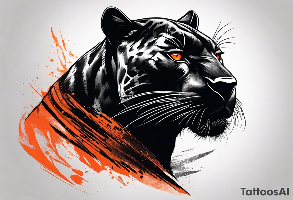 Slight side angle of Facial facing left of an angry black panther animal with red-orange eyes tattoo idea