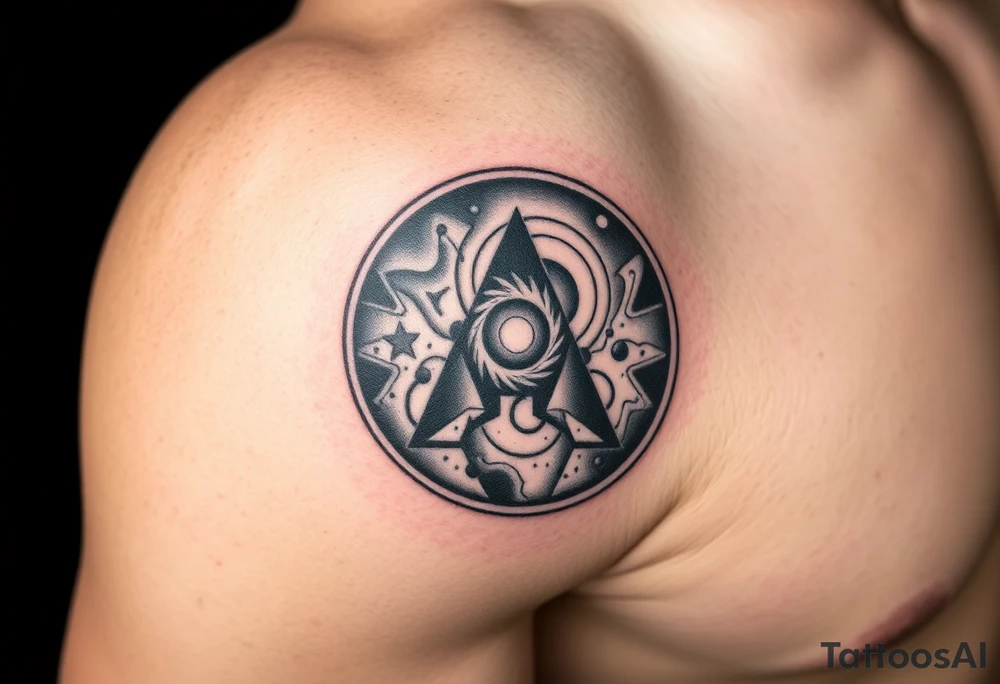A galaxy themed tattoo, bordered with a oval shaped frame tattoo idea