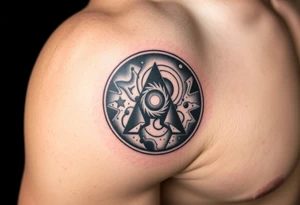 A galaxy themed tattoo, bordered with a oval shaped frame tattoo idea