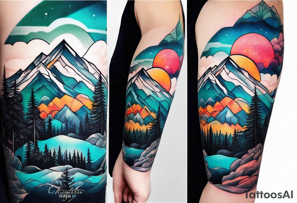 Full sleeve tattoo that symbolizes Family Love, memories of deceased family, mental health, adventure in mountains tattoo idea