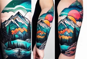 Full sleeve tattoo that symbolizes Family Love, memories of deceased family, mental health, adventure in mountains tattoo idea