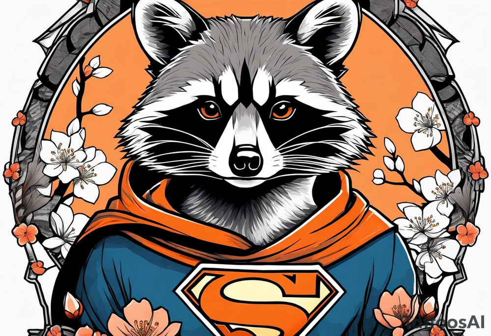 raccoon wearing a black and white Superman hoodie and orange Japanese cherry blossoms tattoo idea
