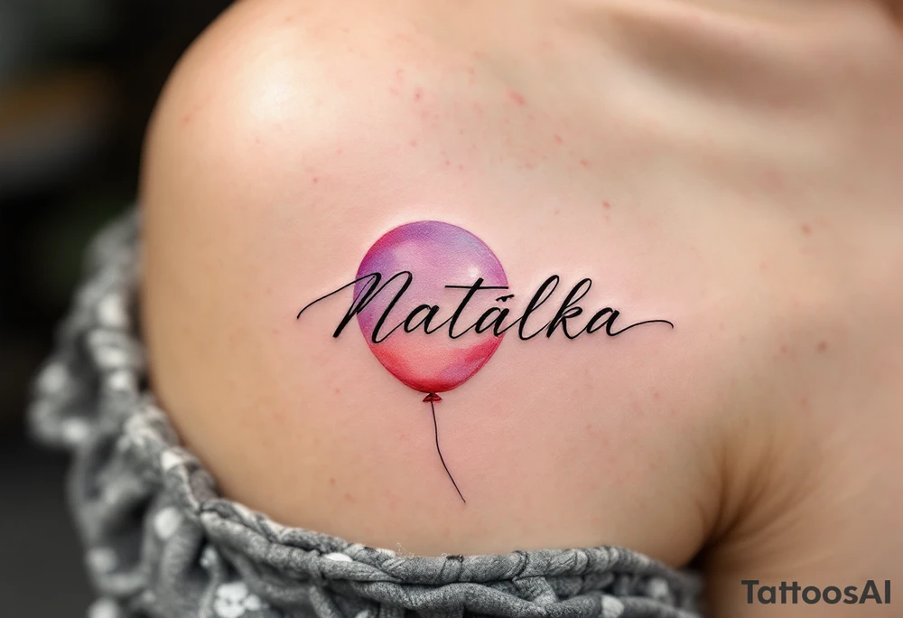 Natálka scripted across a blush pink balloon, floating upward. tattoo idea
