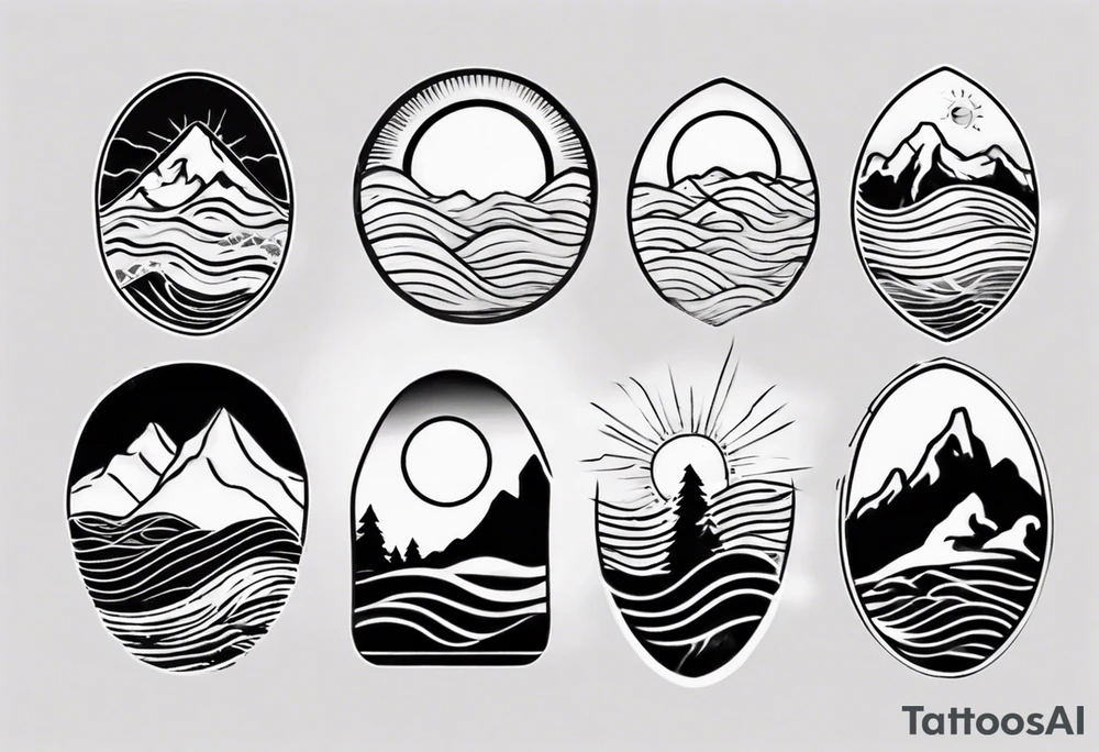 sleeve, mountains, waves, sun tattoo idea