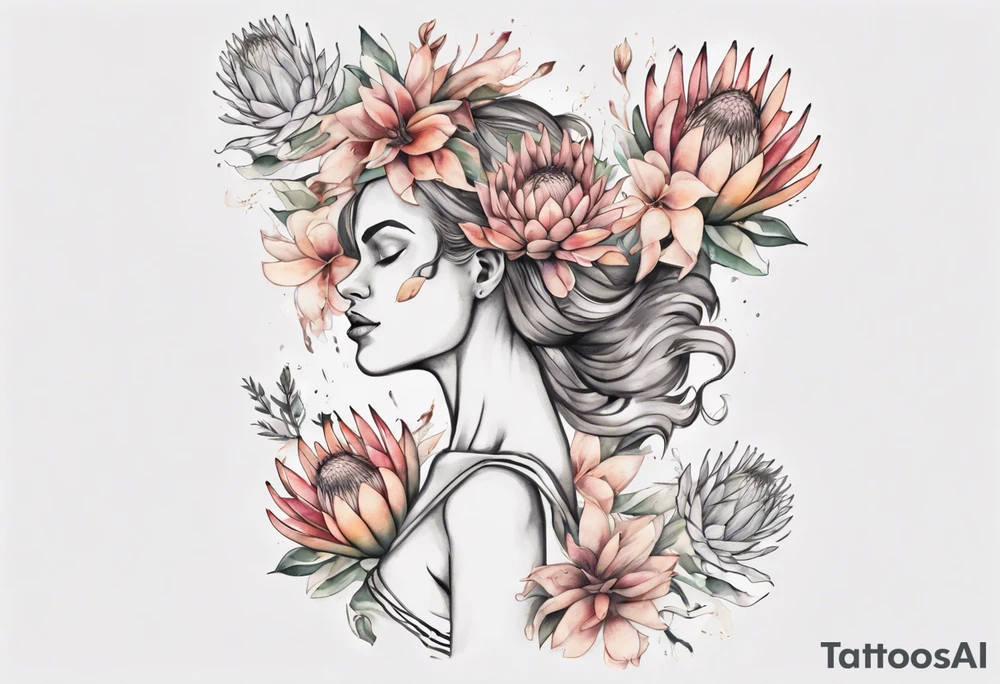 Create a very feminine tattoo of a full figure dancing woman surrounded by protea flowers. Add the words: God is within her, she will not fall. tattoo idea
