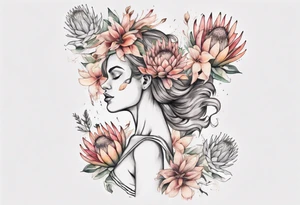 Create a very feminine tattoo of a full figure dancing woman surrounded by protea flowers. Add the words: God is within her, she will not fall. tattoo idea