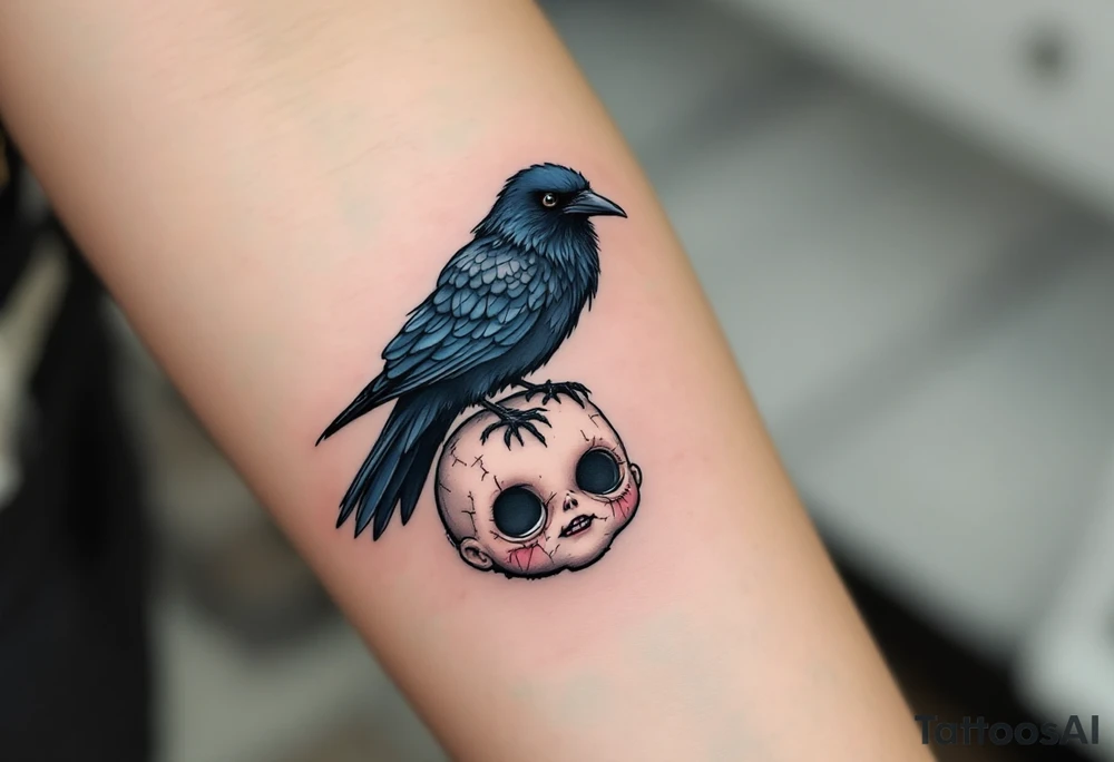 Tim Burton’s stitched raven perches on a broken doll’s head, feathers tinted in dull blues and grays. tattoo idea