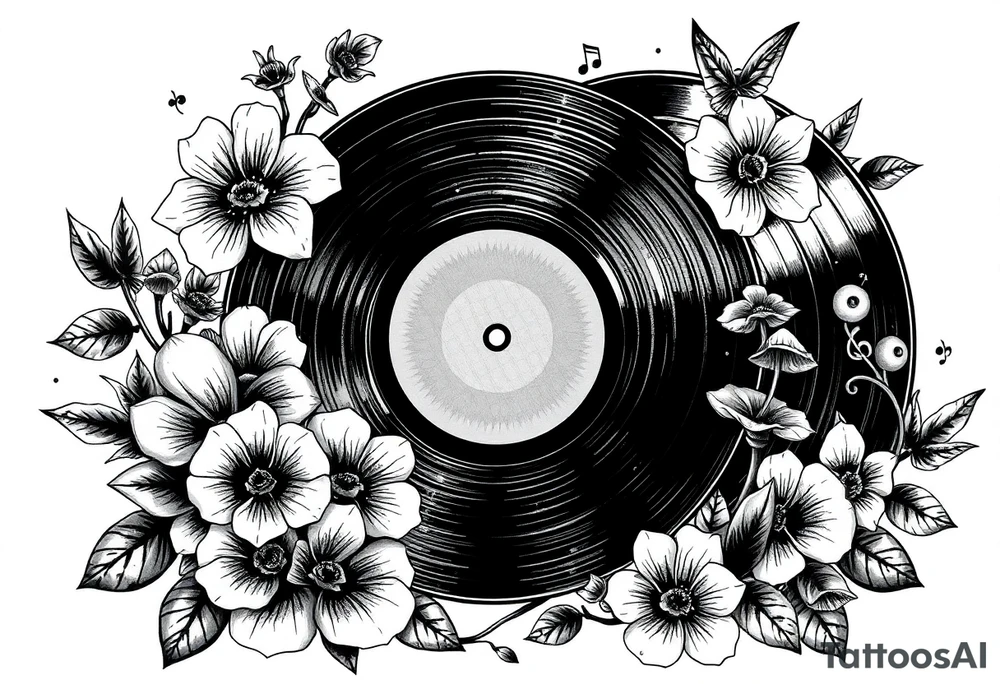 vinyl record surrounded by flowers, mushrooms, and music notes tattoo idea