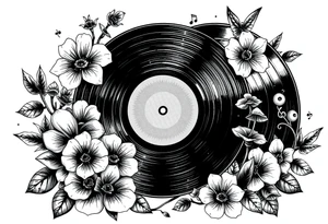 vinyl record surrounded by flowers, mushrooms, and music notes tattoo idea