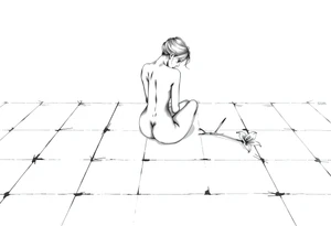 A simple tile floor with a minimalist, almost abstract curled figure sitting on the floor with a lily next to her tattoo idea