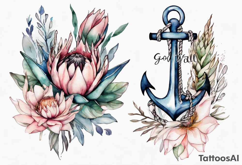 Very feminine tattoo of an anchor and protea flowers and the verse: God is within her, she will not fall. tattoo idea