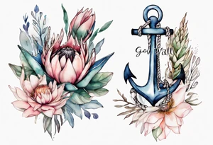 Very feminine tattoo of an anchor and protea flowers and the verse: God is within her, she will not fall. tattoo idea