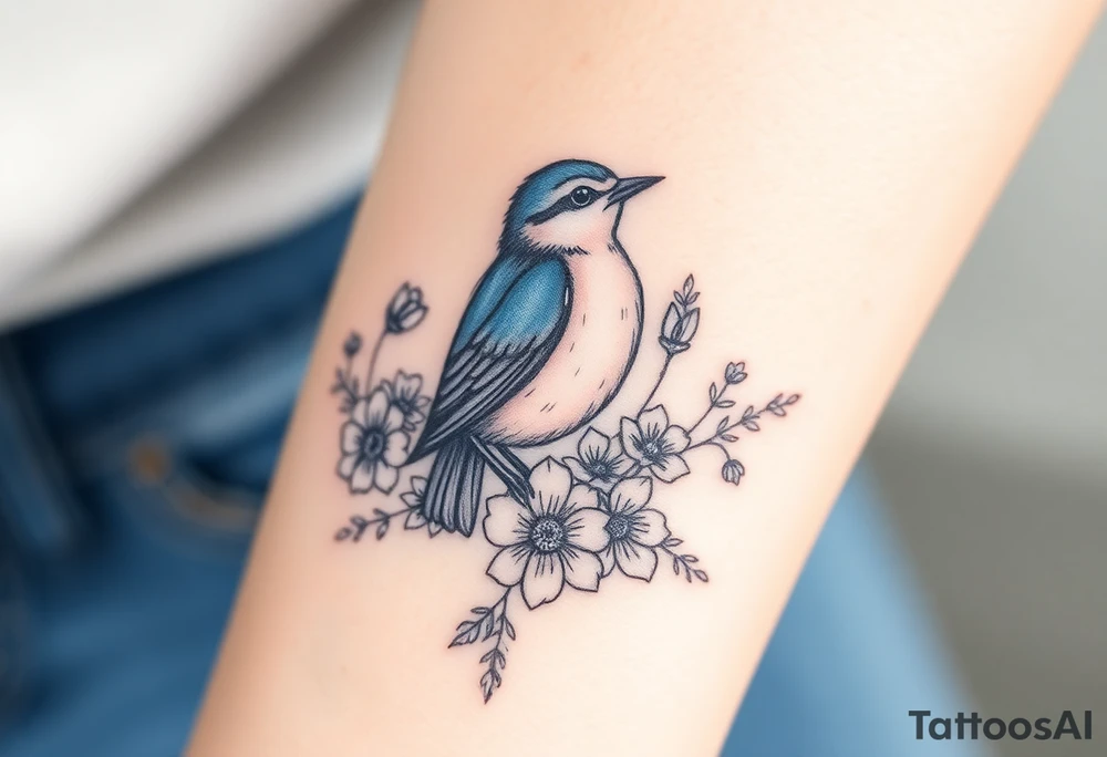 Puffy bluebird surrounded by wild flowers tattoo idea