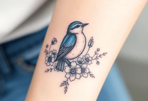 Puffy bluebird surrounded by wild flowers tattoo idea