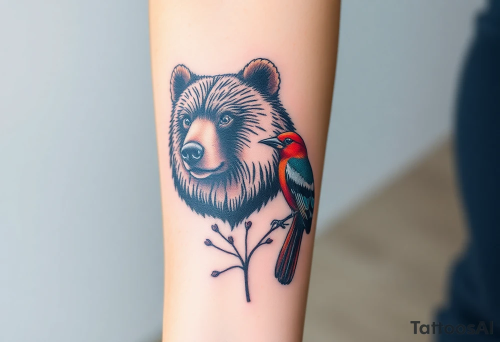 A bear, woodpecker and cardinal tattoo idea