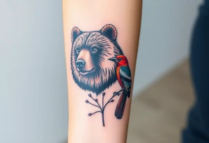 A bear, woodpecker and cardinal tattoo idea