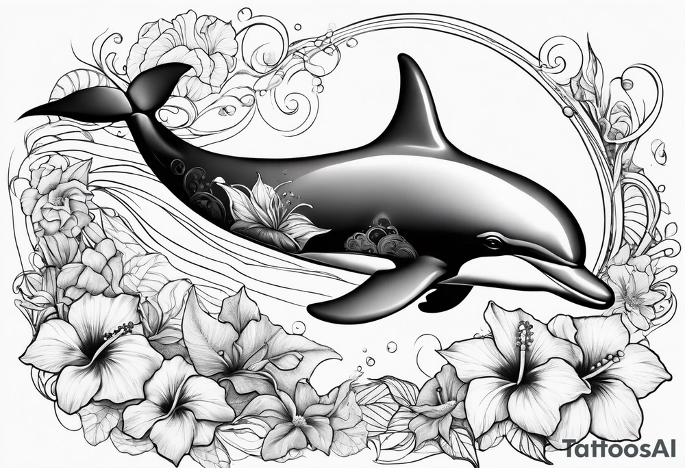 dolphin,sea, hibiscus, tattoo idea