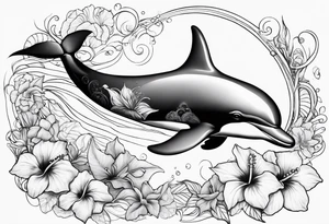 dolphin,sea, hibiscus, tattoo idea