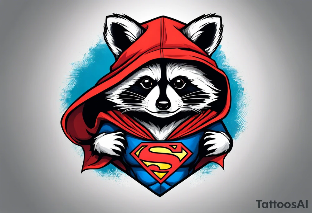 raccoon wearing a Superman hoodie tattoo idea