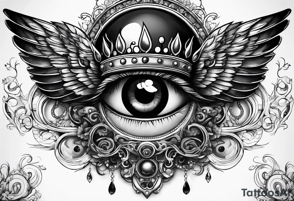 big eye with wings and crown tattoo idea