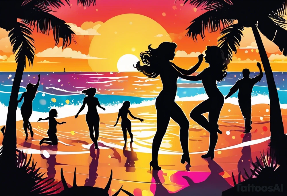 1970'S BEACH DANCE PARTY 
party, include confetti, music notes, 
, bikinis sunset in the center tattoo idea