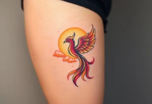 magnificent  phoenix rising from flames with trailing embers  and golden sunset and sky with puffy clouds and heaven backdrop pinks reds orange and yellows and golds with sparkles tattoo idea