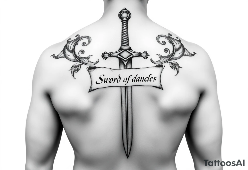 Please generate Polynesian style tattoos for me.
My qualities are authenticity, constructive reflection after failure and balance in relationships.
The sword should cover my back from top to bottom, passing over my spine with great relief and detail, surrounded by a parchment written in fine italic letters “Sword of Damocles”. tattoo idea