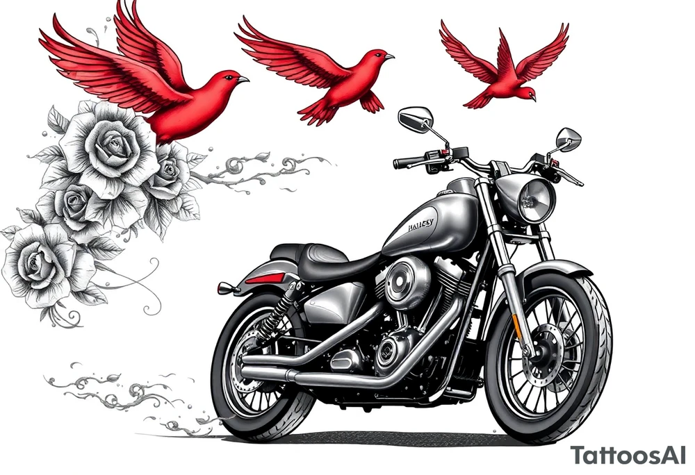 Harley grey motorcycle driving away, two red birds flying, roses and lace, flames tattoo idea