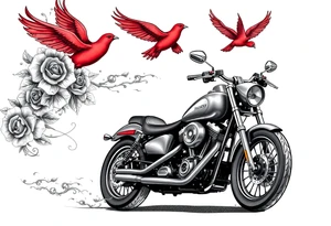 Harley grey motorcycle driving away, two red birds flying, roses and lace, flames tattoo idea
