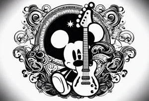 A well balanced tattoo full left arm with the following images:
a bass guitar, 
2 stars, 
1 quarter moon, 
a caduceus symbol and 
a mickey mouse shadow tattoo idea