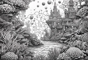 dark underwater coral reef with bubbles, flowing water lines, lost city of atlantis tattoo idea