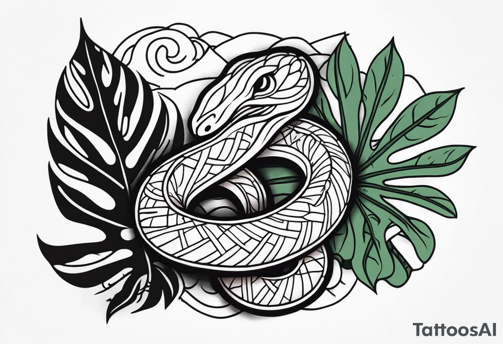 HidingLittle snake with monstera tattoo idea