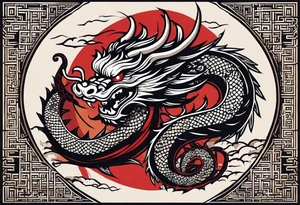 Nakama, painted in traditional Japanese calligraphy style, with Japanes dragon intertwined, flying through the empty spaces of the paint strokes tattoo idea