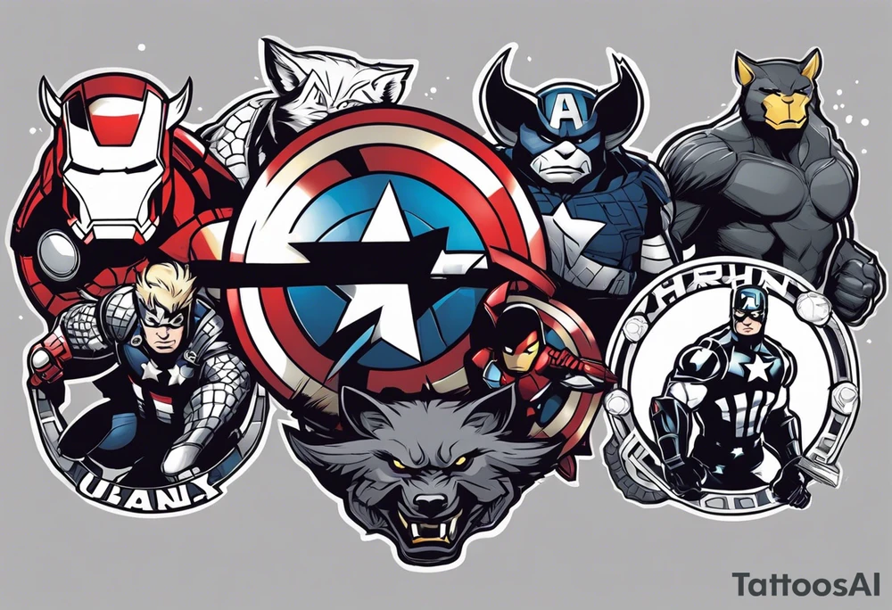 I want to change Avengers Team characters with animals. Hulk will be Badger, Thor will be Alpha Grey Wolf, Captain America will be Bull, Iron Man will be Canary, Black Widow will be Axolotl, Hawk Eye will be Sudan Plated Lizard and Nick Fury will be Cat. tattoo idea