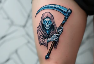 A blue-hued Grim Reaper with ice-crystal eyes, gripping a frost-covered scythe. tattoo idea