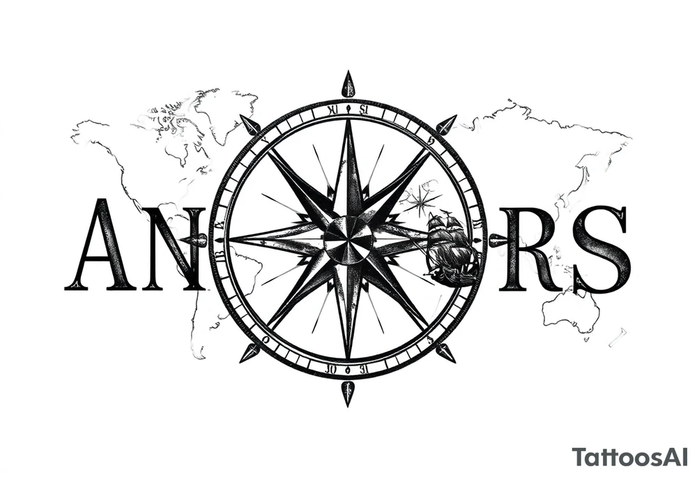 antique compass rose overlaid on weathered world map with sailing ships tattoo idea