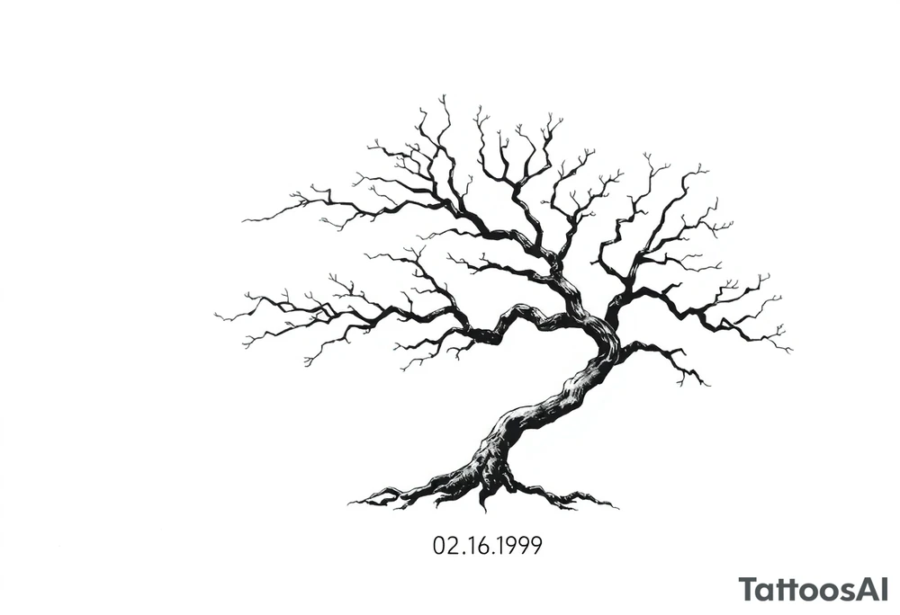 simple windy tree tattoo linework stencil with date 02.18.1998 tattoo idea