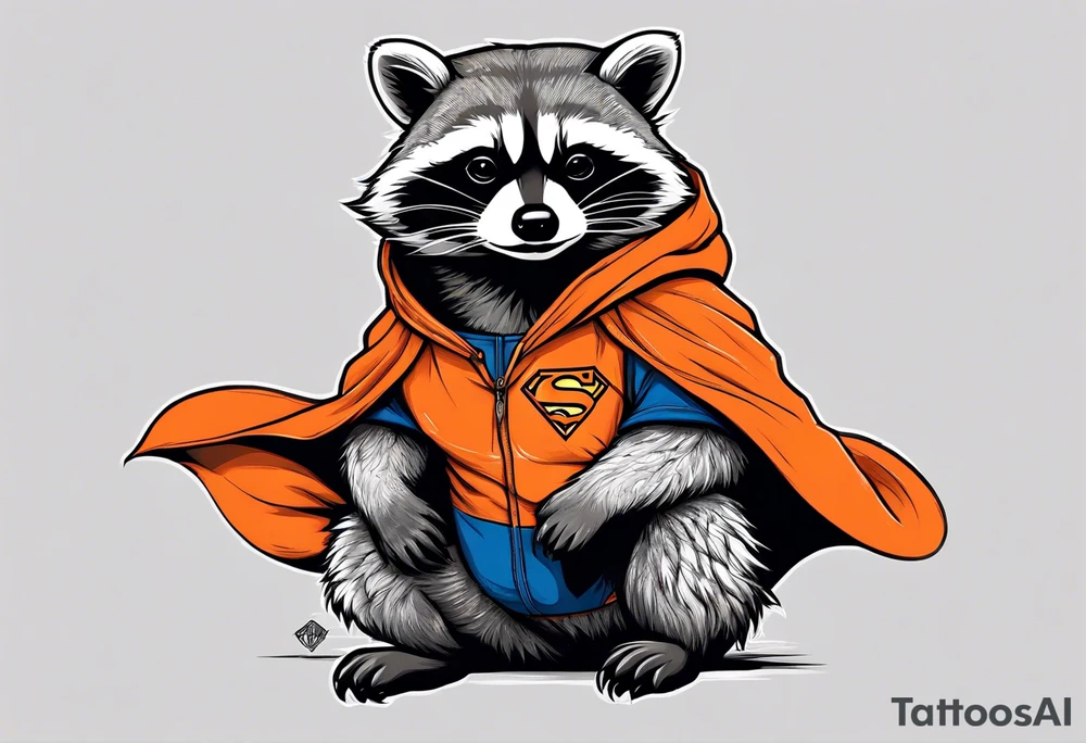 Raccoon wearing an orange Superman hoodie tattoo idea