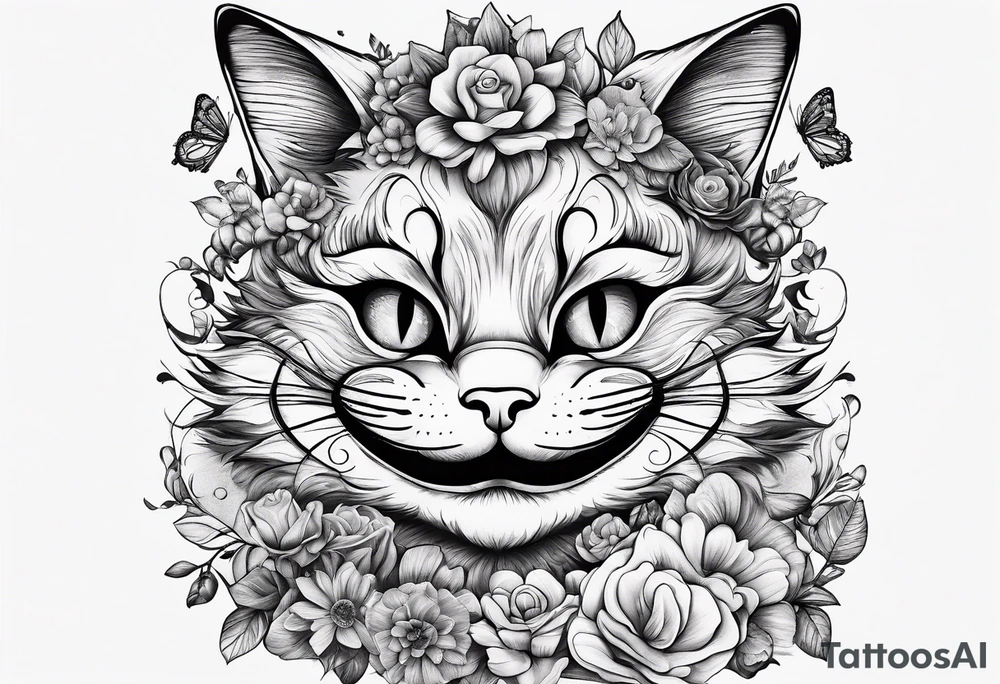 cheshire cat in wonderland among flowers made of candy and glass butterflies tattoo idea