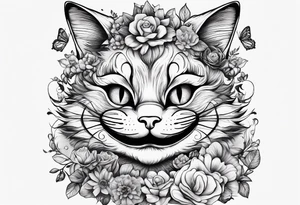 cheshire cat in wonderland among flowers made of candy and glass butterflies tattoo idea