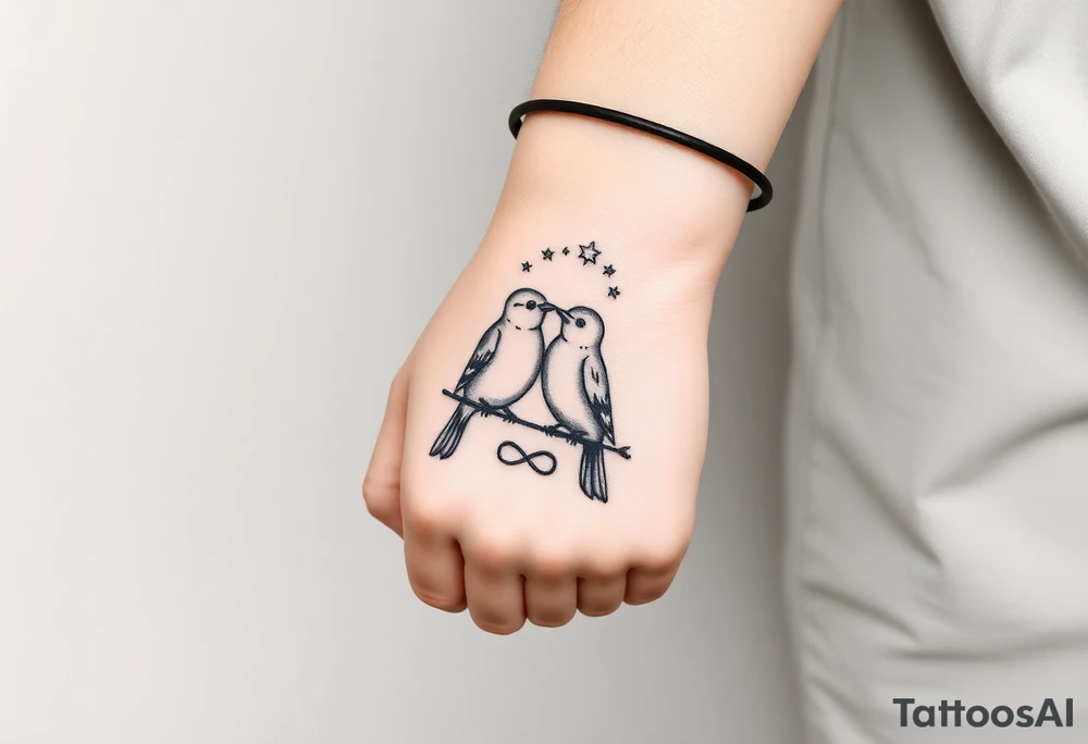 two birds sitting, stars and infinity theme couples tattoo tattoo idea two birds sitting, stars and infinity theme couples tattoo tattoo idea