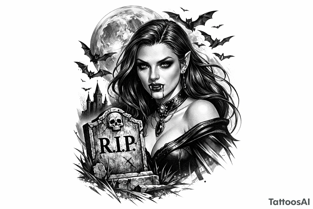 female vampire,bats,full moon,a gravestone. tattoo idea