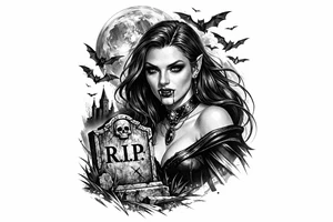 female vampire,bats,full moon,a gravestone. tattoo idea