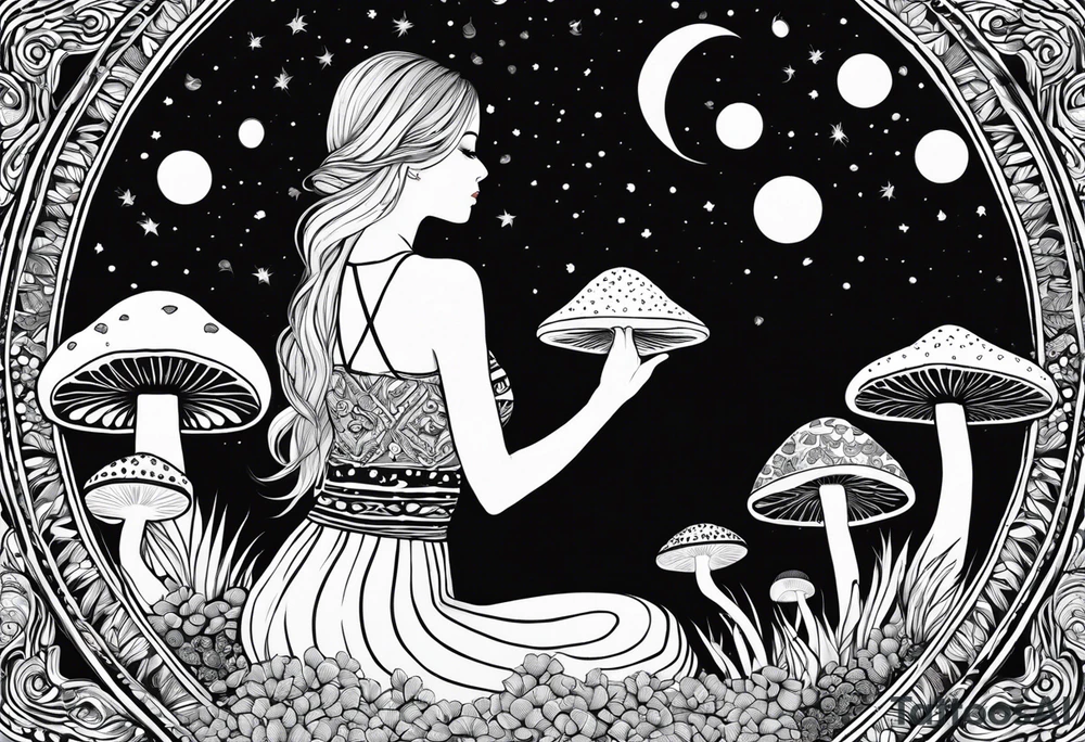 Straight blonde hair girl holding mushrooms in hand meditating facing away toward mountains surrounded by mushrooms crescent moon mandala circular design black and white striped dress tattoo idea