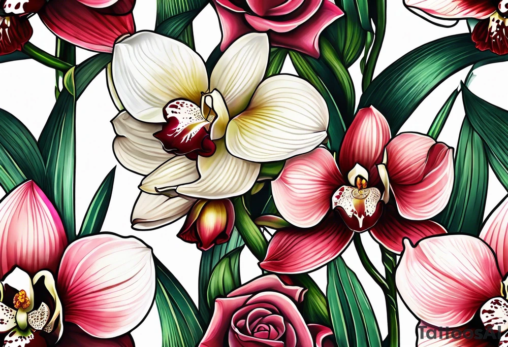 One Cymbidium orchid in the middle with a rose on each side tattoo idea