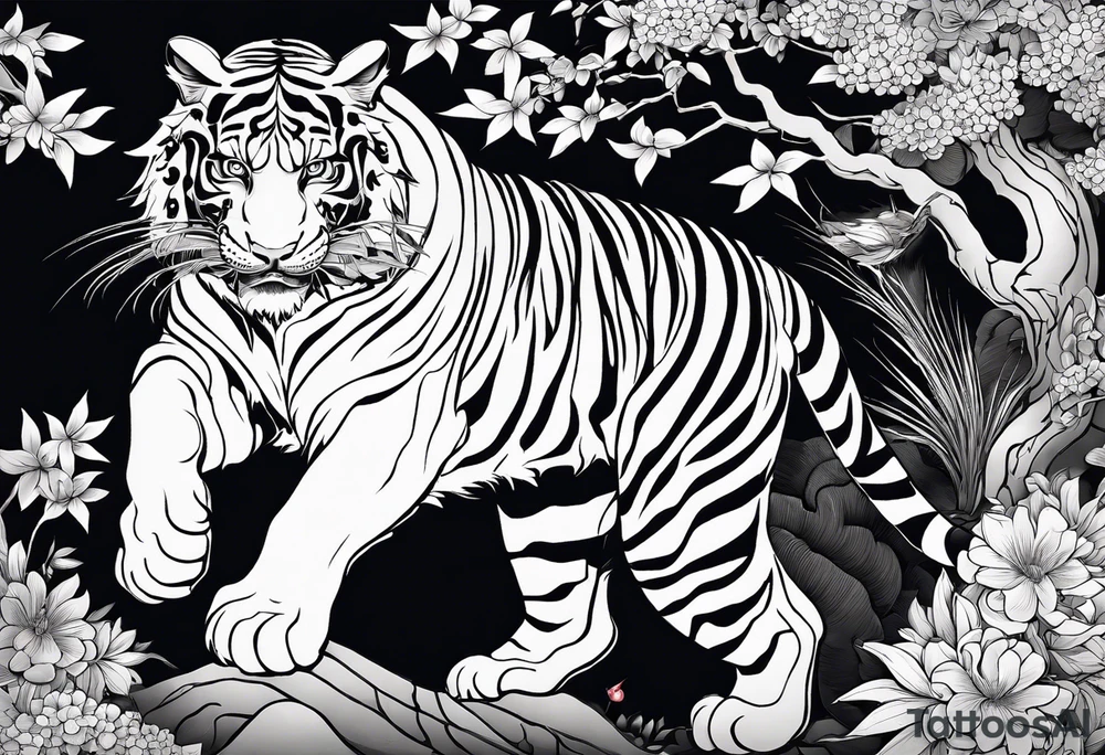 fresque héroique, complexe, beaucoup de détails, samourai, tigre, jardin japonais tattoo idea